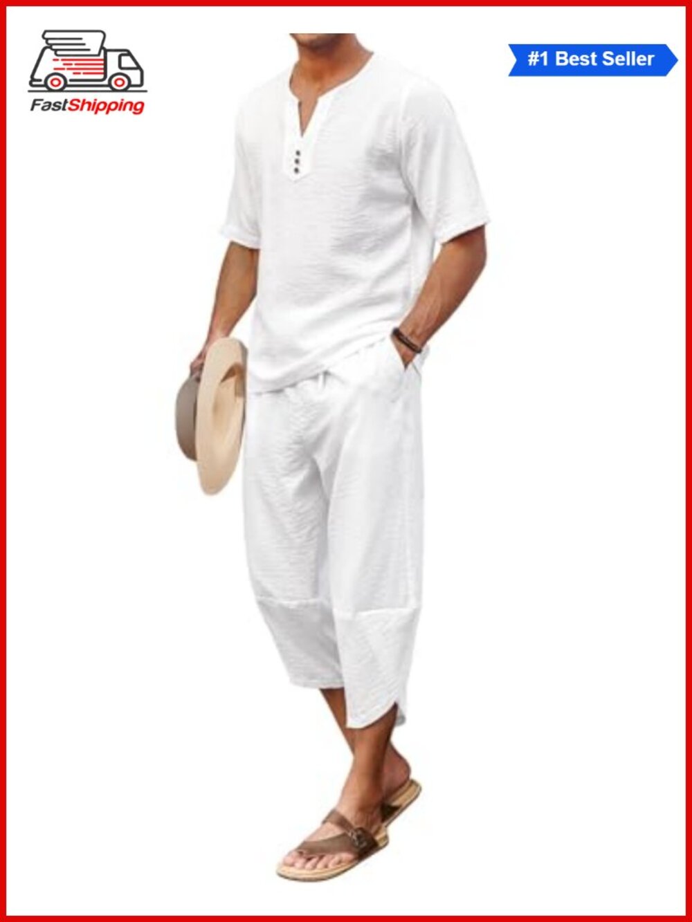 Men's 2 Piece Linen Set Henley Shirt Short Sleeve Harem Capri Pants Wide Leg